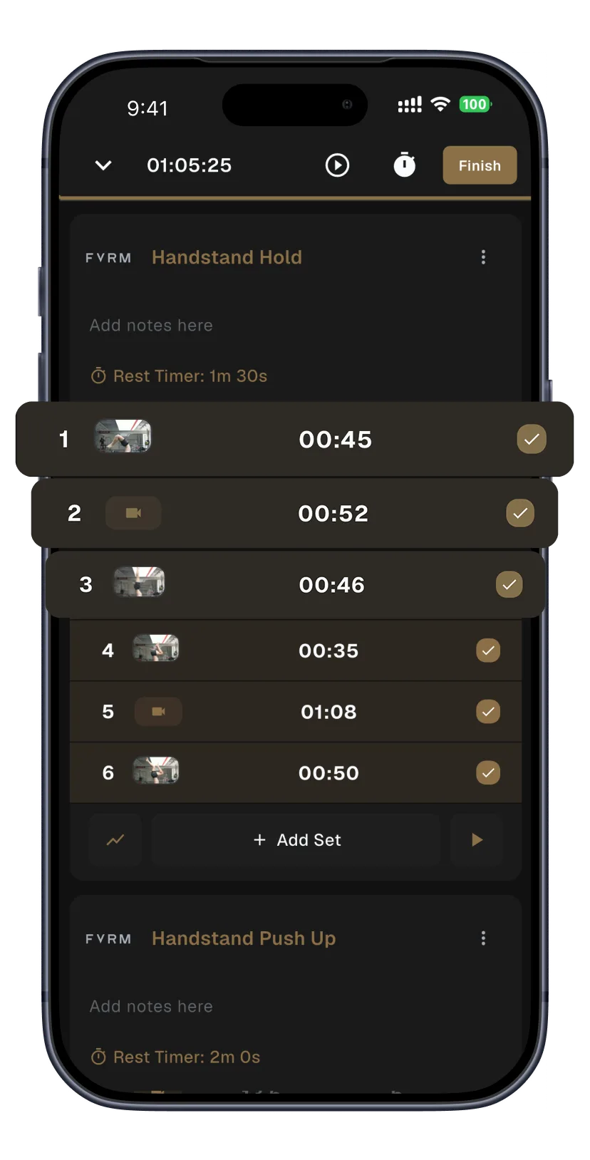 Active workout with set history and metrics