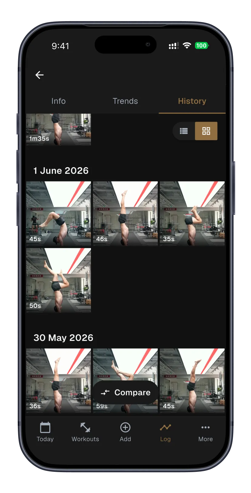 Movement gallery with PRs, trends and metric history